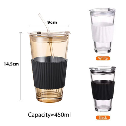 Versatile Elegance: 450ml Glass Coffee Travel Mug with Straw - Sealed, Non-slip, Reusable Drinkware Set