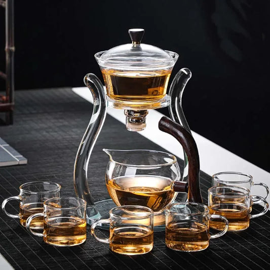 Lazy Kungfu Glass Tea Set: Magnetic Water Diversion Rotating Cover Bowl - Semi-Automatic Glass Teapot