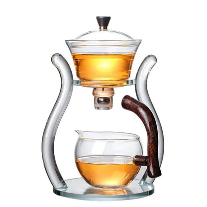 Lazy Kungfu Glass Tea Set: Magnetic Water Diversion Rotating Cover Bowl - Semi-Automatic Glass Teapot