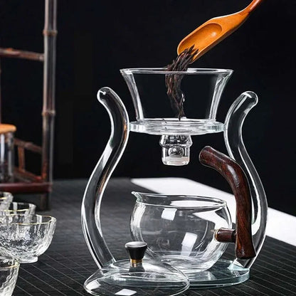 Lazy Kungfu Glass Tea Set: Magnetic Water Diversion Rotating Cover Bowl - Semi-Automatic Glass Teapot